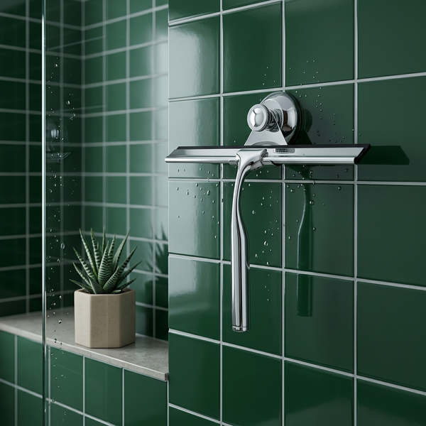 Twist & Lock Shower Squeegee Camille, chrome, on bottle-green tiles, no drilling