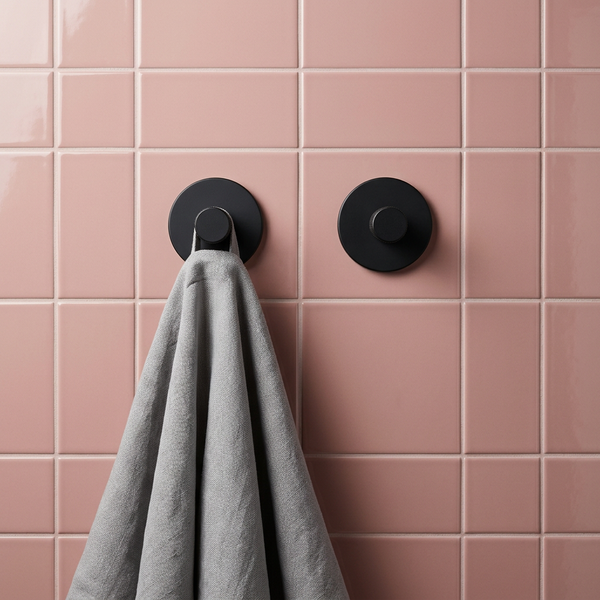 No-Drill Wall Hook Jules, matte black, set of 2 on blush tiles with a towel