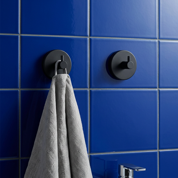 Twist & Lock Wall Hook Hugo, matte black, set of 2 on cobalt tiles with a towel